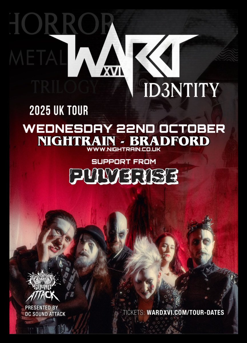 Nightrain Music Venue - Bradford (@nightrainvenue) on Twitter photo ‼️NEW SHOW‼️
🔥WARD XVI🔥
▪️Identity Tour 2025
▪️Wednesday 22nd October
Support from the Awesome
💥PULVERISE💥
‼️ON SALE NOW‼️
🎫 click ⬇️
ticketweb.uk/event/ward-xvi…
<a href="/PulveriseUK/">👊Pulverise👊</a>
<a href="/WardXVIOfficial/">Ward XVI</a>
<a href="/visitBradford/">Visit Bradford</a>
<a href="/LocalSoundFocus/">Local Sound Focus</a>
Nightrain.co.uk ‼️NEW SHOW‼️
🔥WARD XVI🔥
▪️Identity Tour 2025
▪️Wednesday 22nd October
Support from the Awesome
💥PULVERISE💥
‼️ON SALE NOW‼️
🎫 click ⬇️
ticketweb.uk/event/ward-xvi…
<a href="/PulveriseUK/">👊Pulverise👊</a>
<a href="/WardXVIOfficial/">Ward XVI</a>
<a href="/visitBradford/">Visit Bradford</a>
<a href="/LocalSoundFocus/">Local Sound Focus</a>
Nightrain.co.uk