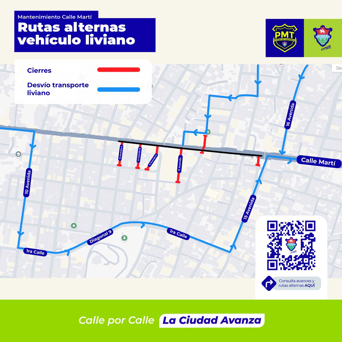 PMTMuniGuate's tweet photo. ¡Atención, Atención! 🚧

Por trabajos en Calle Martí y Calzado Jose Milla y Vidaurre de sur a norte, a partir del 17 de mayo, se estará realizando desvíos en:

 VEHÍCULOS LIVIANOS: Se realiza desvío en la 10 avenida y Calle Martí hacia la 1 calle con dirección a la 15 avenida para incorporarse a la Calzada Jose Milla y Vidaurre zona 6.

 VEHÍCULOS DE TRANSPORTE DE CARGA PESADA: Continúa su circulación en Calle Martí en carril habilitado hacia la Calzada Jose Milla y Vidaurre.

Tómelo en cuenta si transita por el sector, conduzca con precaución, atento a la señalización del sector y siga las instrucciones de los agentes.

#MuniGuateAlFrente #NotasMuniGuate #UnLugarQueAvanza #UnLugarQueConecta #LaMartí #TráficoGT #TrabajarParaServir #EstamosTrabajando #MejorasViales #TránsitoGT #Desvíos #TráficoGT #TrasnportPesado