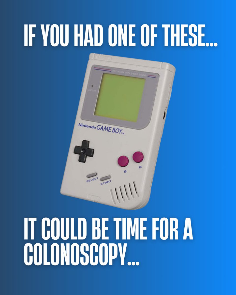 If you grew up with a GameBoy in your hands, it might be time for a colonoscopy. 🎮➡️👨‍⚕️ Time flies, but so should your health checks! Don’t put it off — get ahead of the game. #ColonHealth #GetChecked #HealthMilestones