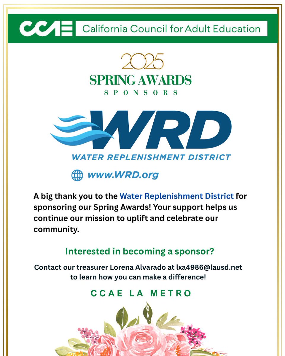 A big thank you to the Water Replenishment District for sponsoring our Spring Awards! 

Your support helps us continue our mission to uplift and celebrate our community.

Interested in becoming a sponsor? Contact Lorena Ramirez to learn how you can make a difference!