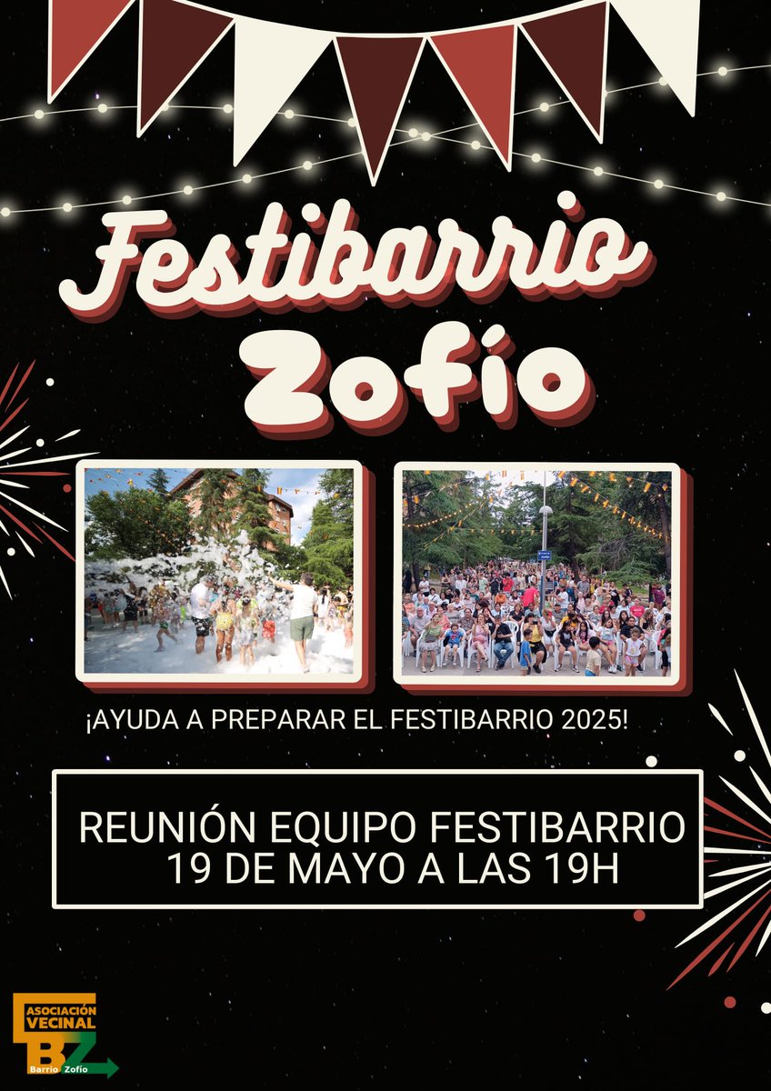 ¡Vecinas y vecinos del Zofío!
Se acercan las fiestas del barrio y queremos organizarlas entre todas y todos.
Si quieres colaborar, vente el  19 de mayo a las 19h al local de la asociación.

Y para que podamos contar contigo, apúntate en este cuestionario: docs.google.com/forms/d/e/1FAI…