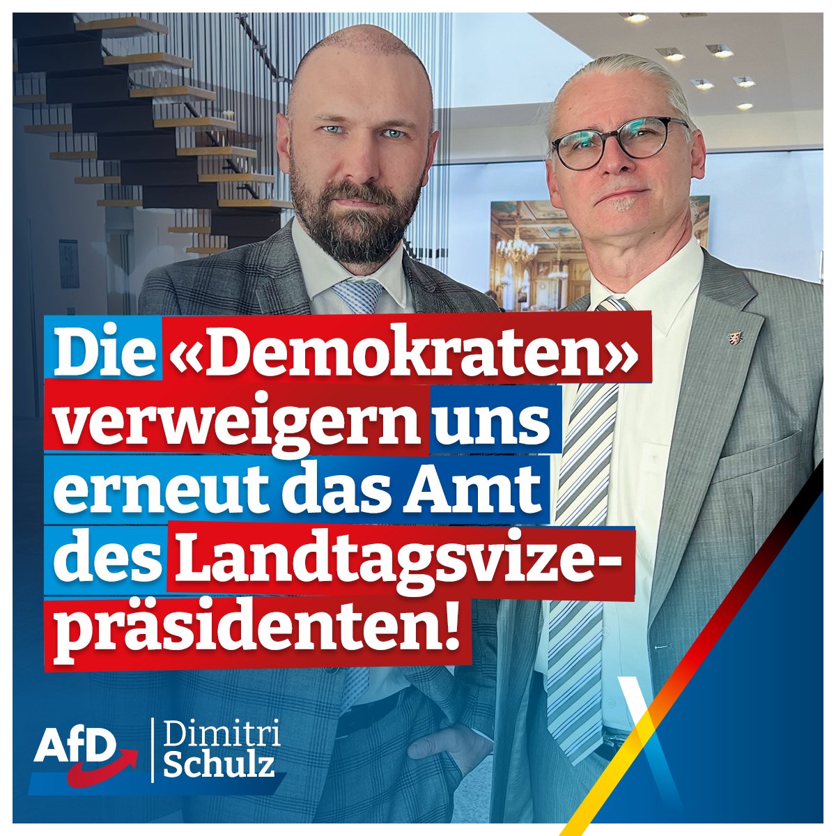 ‼️ Erneut wurde der #AfD der Platz verweigert! ‼️

Unser Abgeordneter Patrick Schenk wurde von den Altparteien im Landtag als Vizepräsident abgelehnt – trotz demokratischer Legitimation.

Ein weiterer Tiefpunkt parlamentarischer Kultur.
Wir lassen uns nicht zum Schweigen bringen!