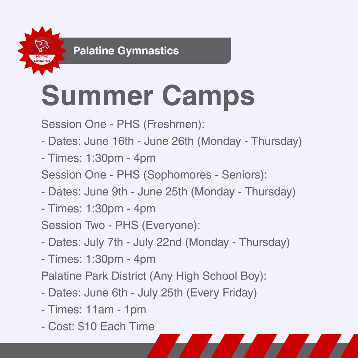 Summer camps are open for Palatine High School and the Park District!  

Sign-up on Infinite Campus for the high school sessions!

<a href="/PiratesofPHS/">Palatine High School</a>
<a href="/PalatineATC/">Palatine ATC</a>
<a href="/PalAthletics/">Palatine Athletics</a>
<a href="/phscutlass/">PHS Cutlass</a>
<a href="/PHSPirateBoost/">PalatineHSBoosters</a>
<a href="/IHSGCA1961/">IHSGCA</a>

#phsgymnastics #hsgymnastics #gymnastics
