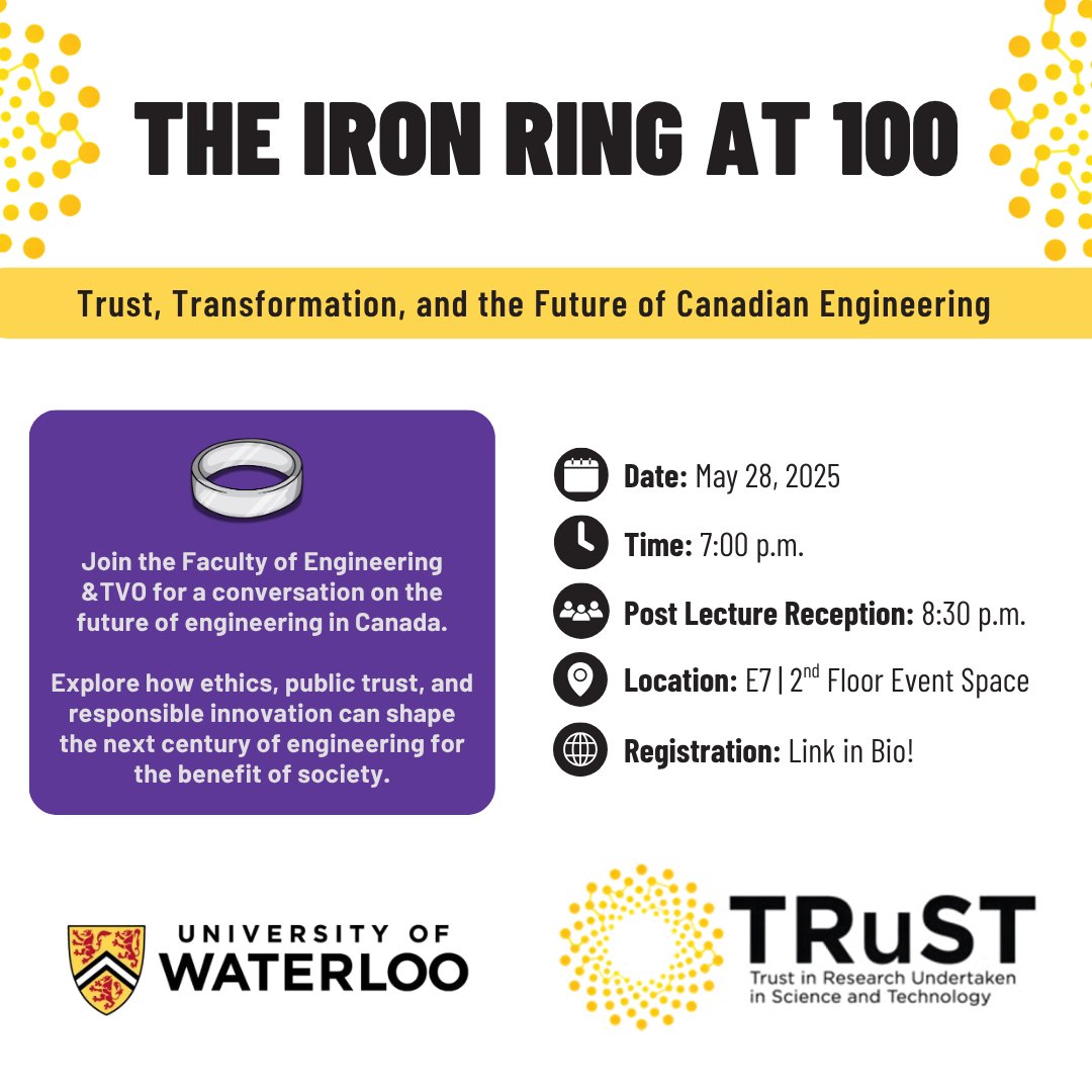 WaterlooENG's tweet image. 💡 Interested in responsible innovation, ethics, and public trust? Join #WaterlooEngineering and TVO to celebrate 100 years of the Iron Ring with a conversation on the future of engineering in Canada. 

🔗 Registration: uwaterloo.ca/engineering/ev…