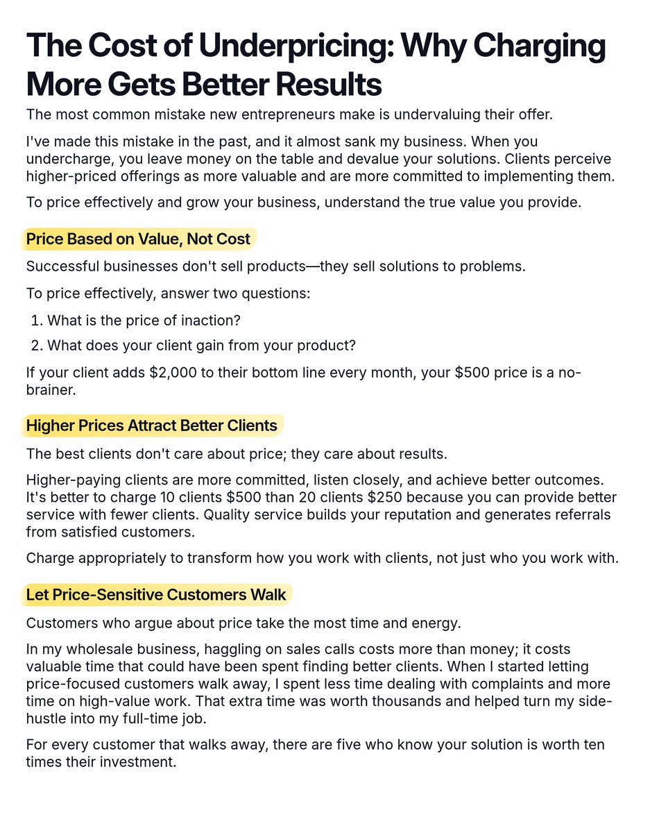 erathecasual's tweet photo. Charging too little hurts your business.

I learned this the hard way in 2016 because I let customers haggle with me.

When I finally raised my prices, I got better clients who valued my work more and complained less.

If you want to learn from my mistakes, check out this essay. https://t.co/7K7HoPAhIK