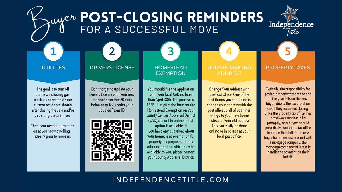 IndependenceTX's tweet image. 🏡 Just closed? Our Buyer Post-Closing Reminders will help make your move smooth and stress-free! ✅
tinyurl.com/f699affh
Ask your Independence Title team for a copy.
#JustClosed #HomebuyerTips #IndependenceTitle #SmoothMove