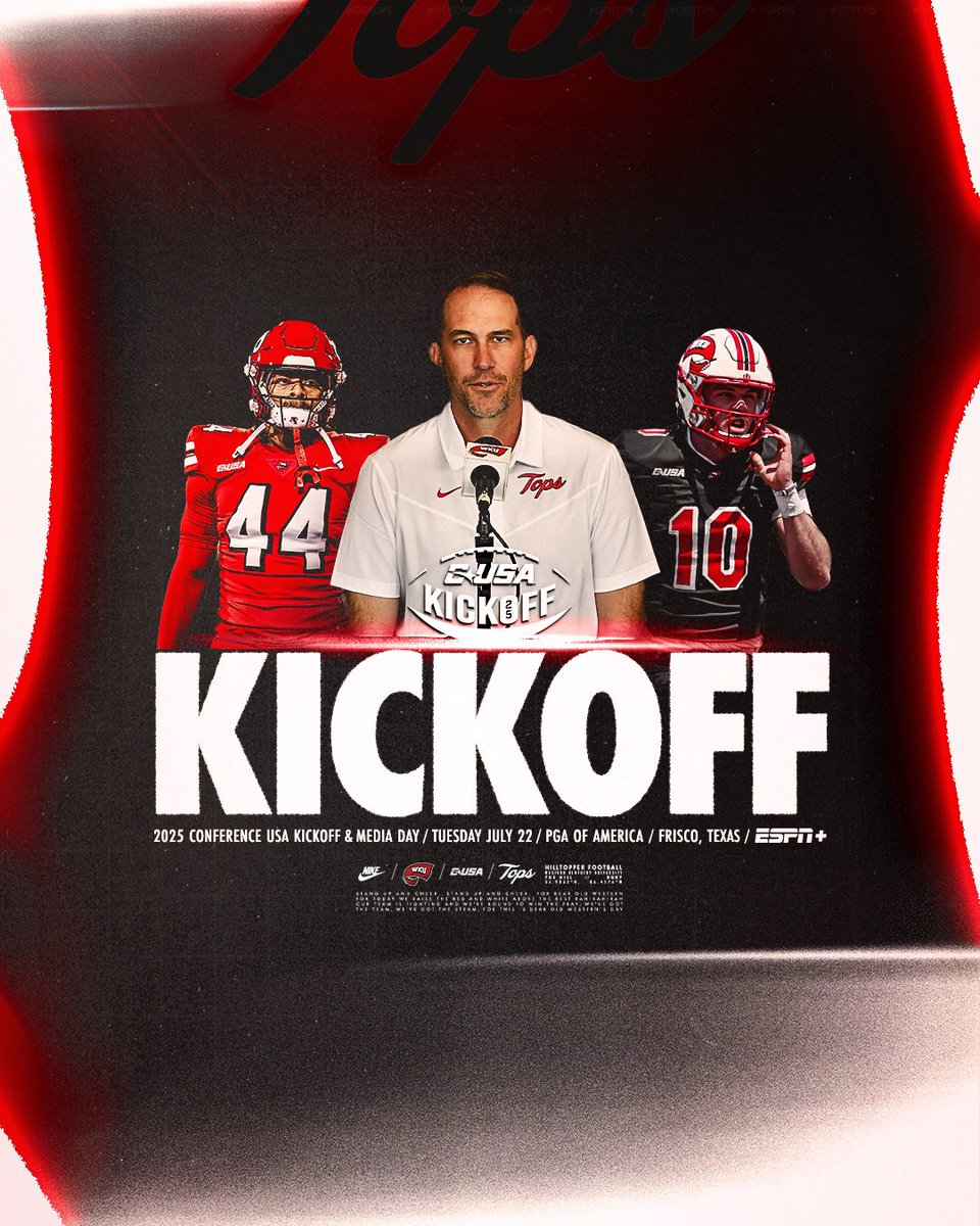 WKU Football (@wkufootball) on Twitter photo Tops in Texas ๐ค
Catch <a href="/Coach_Helton/">Tyson Helton</a>, <a href="/harp_1k/">Harper</a> and <a href="/MaverickMcIvor/">Maverick McIvor</a> at the 2025 Conference USA Football Kickoff and Media Day on Tuesday, July 22, at the home of the PGA of America in Frisco, Texas!
#GoTops | ๐ฒ bit.ly/459mnes Tops in Texas ๐ค
Catch <a href="/Coach_Helton/">Tyson Helton</a>, <a href="/harp_1k/">Harper</a> and <a href="/MaverickMcIvor/">Maverick McIvor</a> at the 2025 Conference USA Football Kickoff and Media Day on Tuesday, July 22, at the home of the PGA of America in Frisco, Texas!
#GoTops | ๐ฒ bit.ly/459mnes