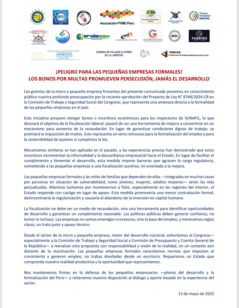 🚨Estamos vigilantes frente a la persecución de las Pymes formales. 
🚨 los bonos para los inspectores de Sunafil provocarán cierre de empresas, más informalidad y despidos