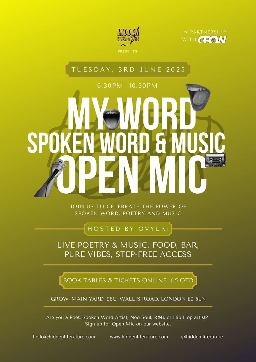 🎤 Join us for a Powerful Evening of Spoken Word &amp; Music on Tuesday, 3rd June 2025!

📍 Where: @growhackney
♿️ Step-free access available at Grow
🎟️ Tickets: eventbrite.co.uk/e/open-mic-nig… 
For table bookings, visit growhackney.co.uk

#poetry #spokenword #openmic #openmiclondon