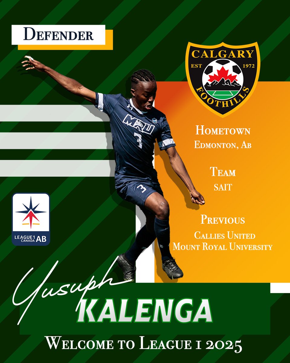 Welcome to the squad, Yusuph Kalenga! 💚⚽

Born in Tanzania, Yusuph has repped MRU &amp; SAIT and brings grit, skill, and versatility to Foothills League1.

We can’t wait to see him back on the pitch!

#WeAreFoothills #League1Alberta #PlayerAnnouncement