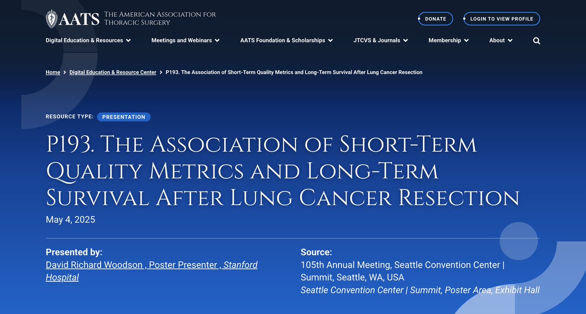 Recent attendance at #AATS2025! 😃 David Woodson spent the summer with Dr. Mark Berry as part of the <a href="/StanfordCVI/">Stanford CVI</a> and Stanford-REACH-HBMC Summer 2024 Research Programs. He presented a poster earlier this month at the 2025 <a href="/AATSHQ/">AATS</a> meeting. Good job on presentation! (PC Mark Berry)