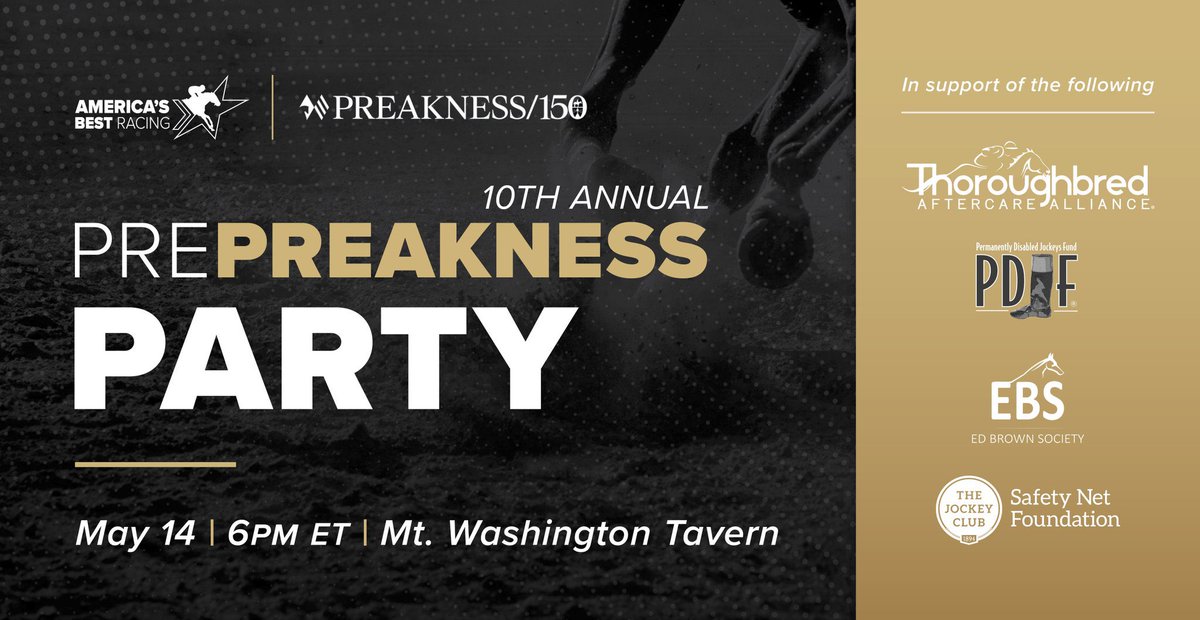 America'sBestRacing (@abrlive) on Twitter photo Just got word that we’ll have an awesome group of jockeys signing autographs for <a href="/PDJFund/">PDJF</a> at 6 PM ET tonight to kick off our Preakness Party <a href="/MtWashingtonTav/">Mt Washington Tavern</a>! Come out and hang with them + support great causes like PDJF &
<a href="/TBaftercare/">Thoroughbred Aftercare Alliance</a> <a href="/TJC_SafetyNet/">Safety Net Foundation</a> <a href="/edbrownsociety/">Ed Brown Society</a>.
🎟️ Just got word that we’ll have an awesome group of jockeys signing autographs for <a href="/PDJFund/">PDJF</a> at 6 PM ET tonight to kick off our Preakness Party <a href="/MtWashingtonTav/">Mt Washington Tavern</a>! Come out and hang with them + support great causes like PDJF &
<a href="/TBaftercare/">Thoroughbred Aftercare Alliance</a> <a href="/TJC_SafetyNet/">Safety Net Foundation</a> <a href="/edbrownsociety/">Ed Brown Society</a>.
🎟️
