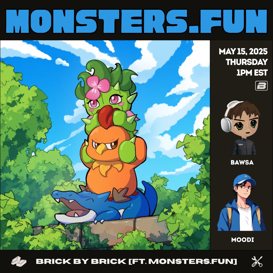 BRICK BY BRICK 🤝  MONSTERS(.)FUN

In 24 hours, I will be hosting one of the most anticipated gaming projects this year: 

<a href="/monstersdotfun/">Monsters</a> 

I'm also giving away 1 WL spot to a random listener.

To participate, make sure to:

• follow myself + <a href="/monstersdotfun/">Monsters</a> + <a href="/moodsMoodi/">moodi</a> 
•