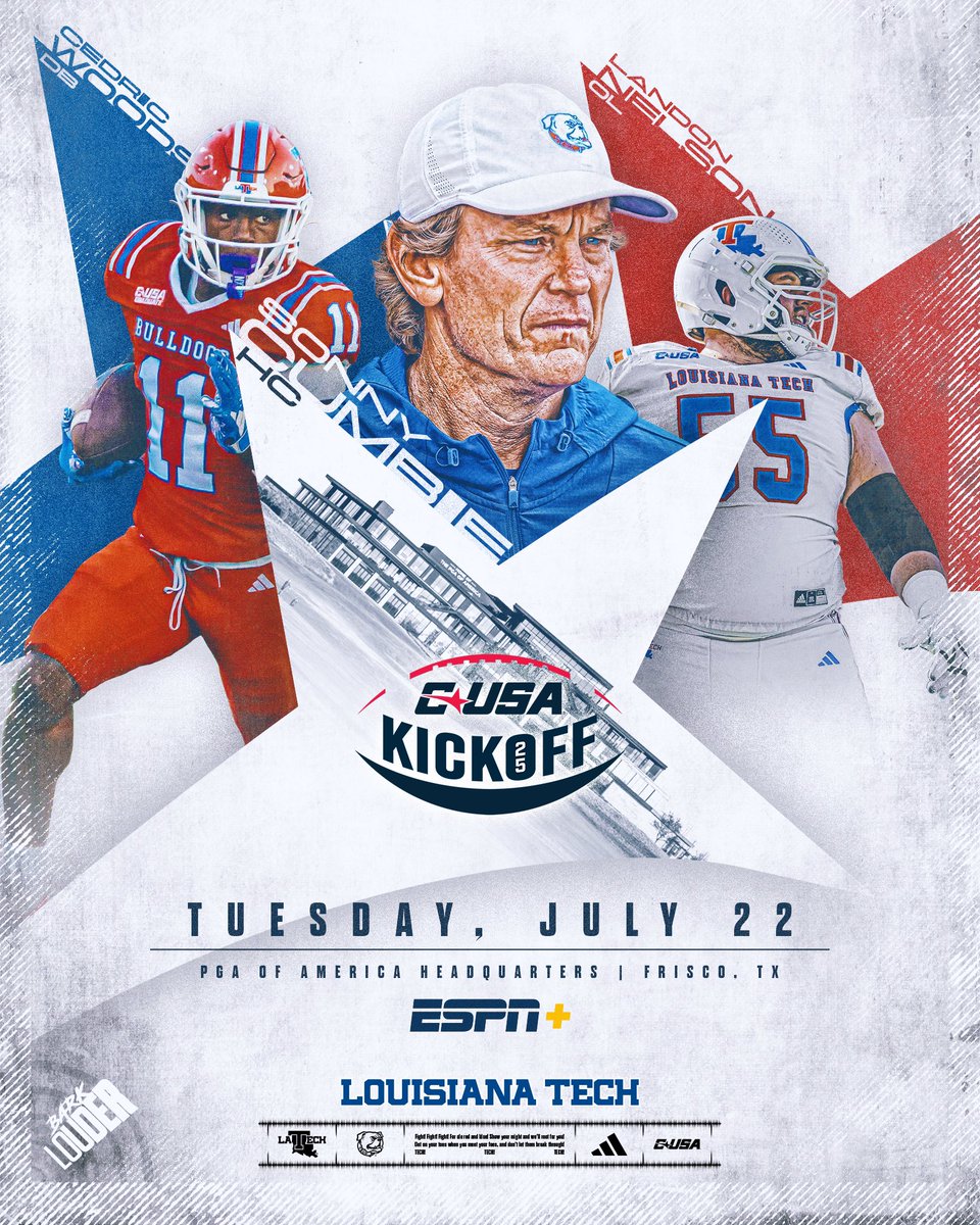 LA Tech Football ๐ (@latechfb) on Twitter photo Mark your Calendars ๐๏ธ๐๐ฅ
The 2025 <a href="/ConferenceUSA/">Conference USA</a> Football Kickoff is set for Tuesday, July 22.
Representing the Bulldogs โคต๏ธ
๐น Sonny Cumbie
๐น Cedric Woods
๐น Landon Nelson Mark your Calendars ๐๏ธ๐๐ฅ
The 2025 <a href="/ConferenceUSA/">Conference USA</a> Football Kickoff is set for Tuesday, July 22.
Representing the Bulldogs โคต๏ธ
๐น Sonny Cumbie
๐น Cedric Woods
๐น Landon Nelson