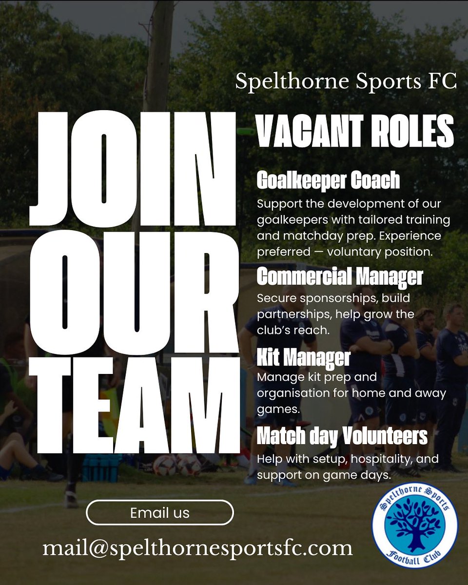 We’re hiring behind the scenes.
Help support the growth of Spelthorne Sports FC and gain real experience in senior football.
Open roles: GK Coach, Commercial Manager, Kit Manager &amp; Matchday Volunteers.
Email: mail@spelthornesportsfc.com
Full details: spelthornesportsfc.com/news/join-the-…