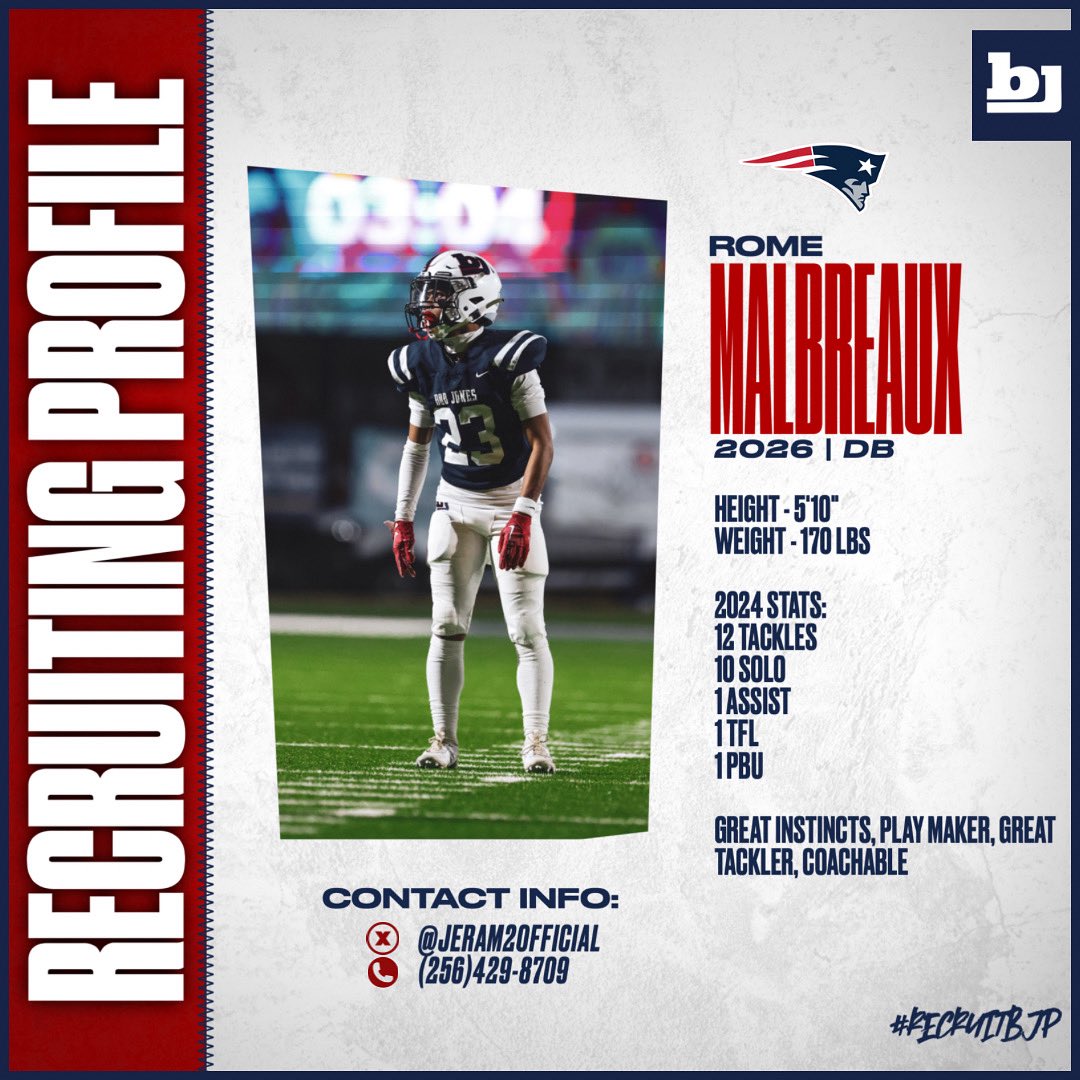 Bob Jones Football (@bjhs_football) on Twitter photo Rome Malbreaux - @jeram2official 
🎥 ➡️ hudl.com/profile/178769…
#RecruitBJP | #weareBOBJONES Rome Malbreaux - @jeram2official 
🎥 ➡️ hudl.com/profile/178769…
#RecruitBJP | #weareBOBJONES