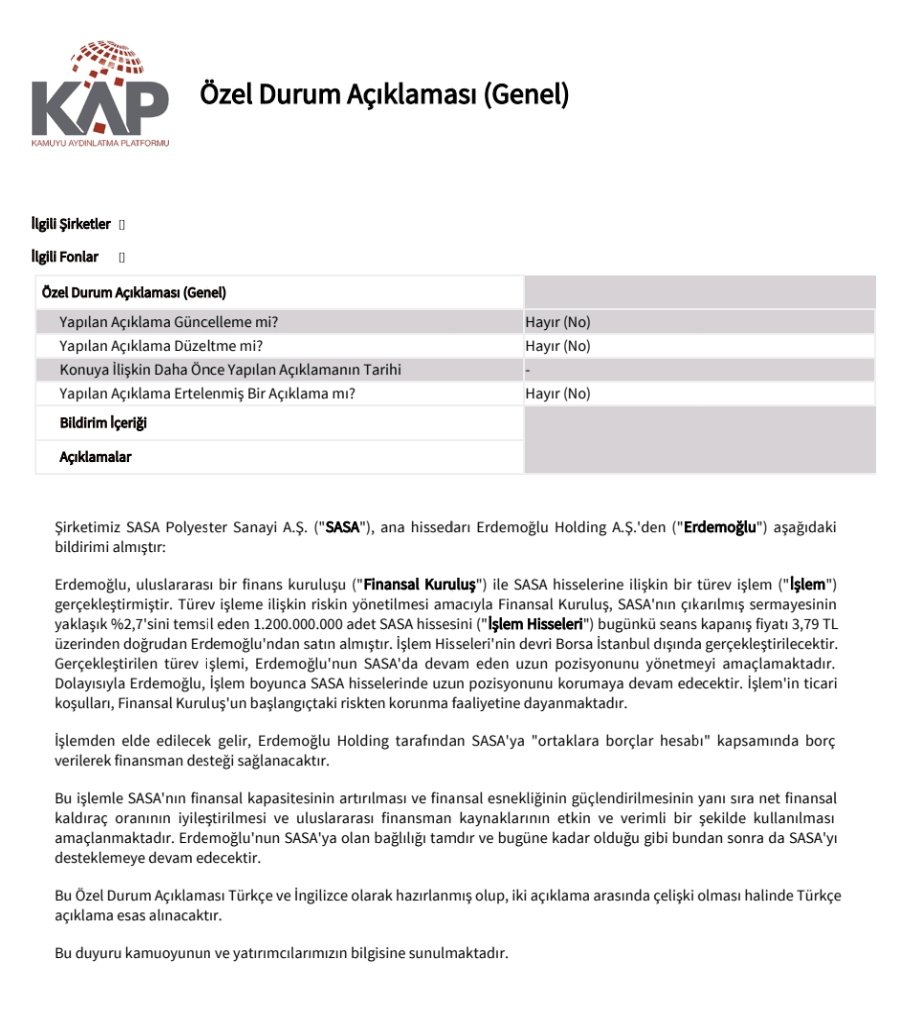 #sasa da az önceki haberin sebebi özel durum açıklamasında net olarak ifade edilmiş.