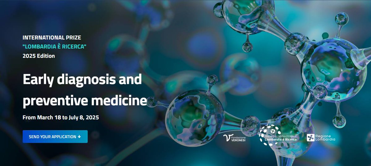 FISV998's tweet image. 8° Premio Internazionale &quot;Lombardia è Ricerca&quot;: 1 milione di euro per le scoperte più significative nelle Scienze della Vita.
Ambiti di interesse 2025: Diagnostica Precoce e Medicina preventiva
Deadline candidature: 8/7/2025

Scopri di più: fisv.org/services/comun…