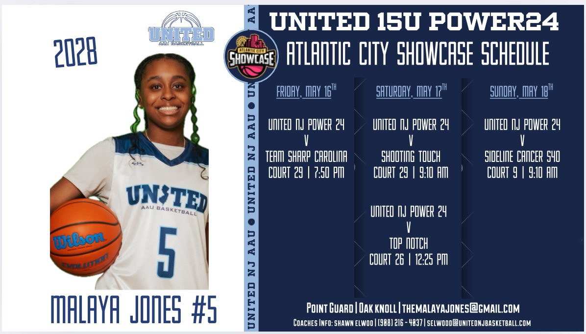 Malaya Jones (@themalayajones) on Twitter photo Excited to play this weekend with my United NJ teammates at Atlantic City Showcase. Schedule is ⬇️⬇️
<a href="/coach_elwood/">Shawn Elwood</a>
<a href="/CoachGaba/">Coach Joe Gaba</a>
<a href="/CoachJimmy_O/">Jimmy Ostaszewski</a>
<a href="/unitedNJaau/">United NJ AAU</a> Excited to play this weekend with my United NJ teammates at Atlantic City Showcase. Schedule is ⬇️⬇️
<a href="/coach_elwood/">Shawn Elwood</a>
<a href="/CoachGaba/">Coach Joe Gaba</a>
<a href="/CoachJimmy_O/">Jimmy Ostaszewski</a>
<a href="/unitedNJaau/">United NJ AAU</a>