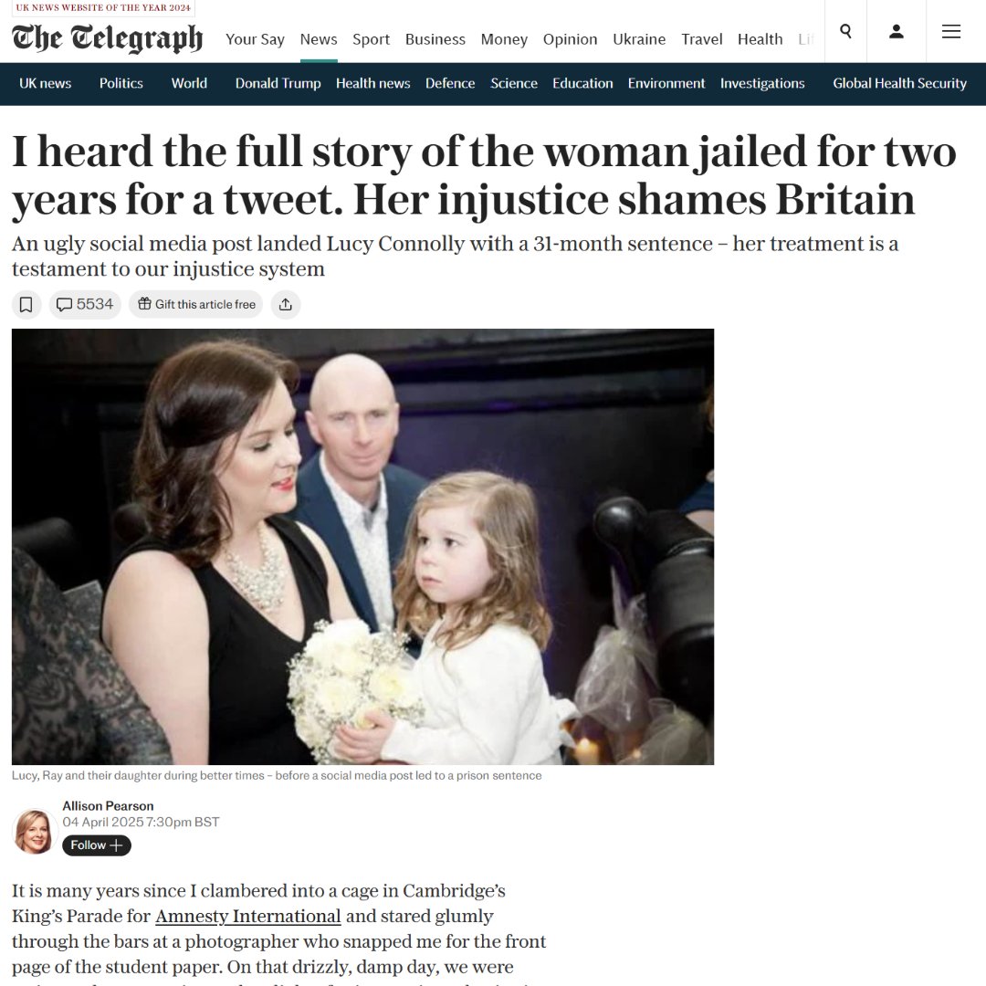 The Free Speech Union (@speechunion) on Twitter photo On the eve of FSU member Lucy Connollyโs case being heard at the Court of Appeal, this extraordinary piece by <a href="/AllisonPearson/">Allison Pearson</a> is essential reading.
With compassion, clarity and moral courage, Allison brought national attention to the wildly disproportionate 31-month sentence On the eve of FSU member Lucy Connollyโs case being heard at the Court of Appeal, this extraordinary piece by <a href="/AllisonPearson/">Allison Pearson</a> is essential reading.
With compassion, clarity and moral courage, Allison brought national attention to the wildly disproportionate 31-month sentence