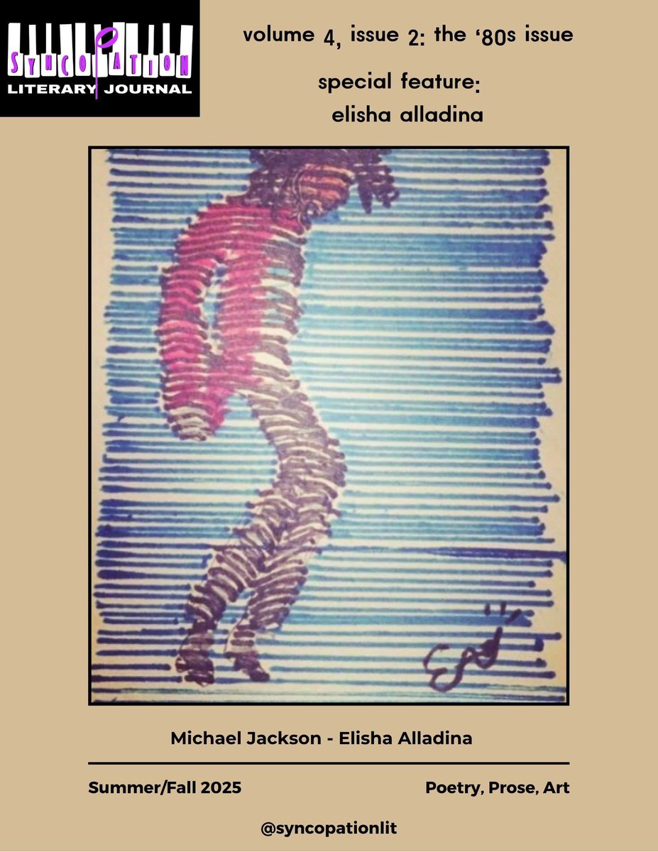 SyncopationLIT's tweet image. Volume 4, Issue 2: The ‘80s Issue is now live! Don’t you love this cover image of Michael Jackson by Elisha Alladina? It’s totally rad! 

Read the full issue on our website:

…copationliteraryjournal.wordpress.com/volume-4-issue…

#80smusic #michaeljackson #WritingCommunity #writerslift #authors 
#music