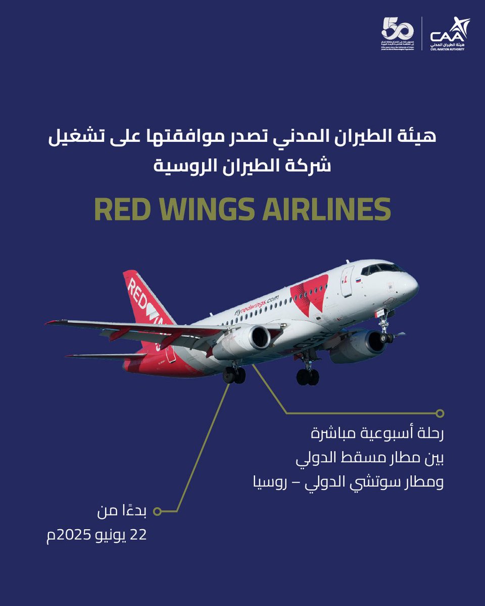 هيئة #الطيران_المدني تُصدر موافقتها على تشغيل شركة Red Wings Airlines لرحلة أسبوعية بين مطار #مسقط الدولي ومطار #سوتشي الدولي بجمهورية روسيا الاتحادية بدءاً من تاريخ 22 يونيو 2025م.