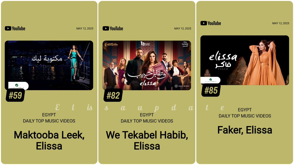 حسب احصائيات #YouTube &amp; #Spotify Charts 📈

أيقونة الفن #اليسا هي النجمه العربية واللبنانيه والصوت النسائي الأول في #مصر 🇪🇬 والنجمه الأكثر مشاهدة و استماعاً حسب الاحصائيات الرسميه لـ YouTube &amp; Spotify #مصر 🇪🇬 📈

كما أنه عدد من أغاني اليسا ضمن قوائم الاكتر مشاهدة 🇪🇬📱

@Elissakh