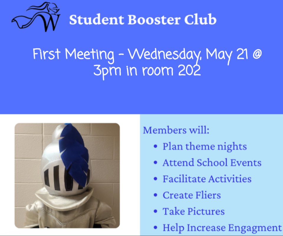💙💛 Apply today if you wish to be the school mascot !💙💛

💙💛 Student Booster Club- 1st Meeting is MAY 21! 💙💛