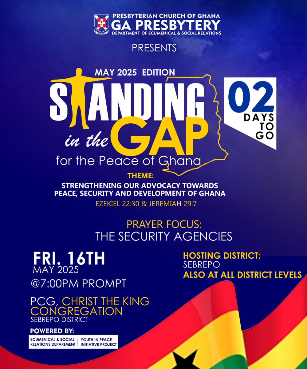 GaPresbytery's tweet photo. Standing in the Gap returns this Friday in all Districts.
As Christians, we have a divine mandate to intercede for our country.
Don't miss this opportunity to pray
#GaPresbytery #StandingInTheGap #persistinginmission https://t.co/adZxl8zF5p