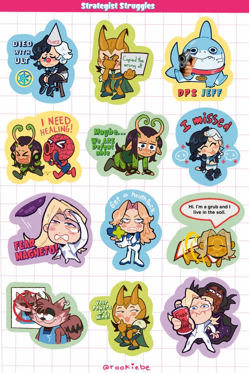 my strategist struggle sticker sheet!! i just thought these would be funny to make.. if you want one i could make it happen tho 

#marvelrivals #loki