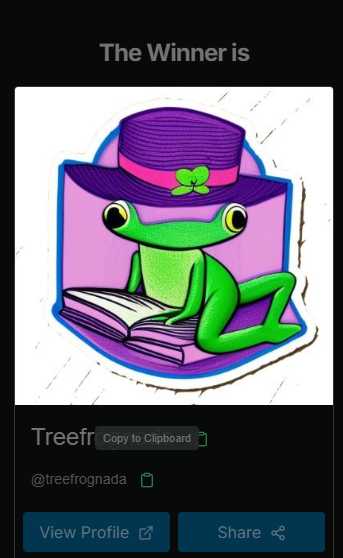 Twitter Collab Giveaway Winner!

Congrats to: <a href="/treefrognada/">Treefrognada</a>
TRX: waxblock.io/transaction/05…