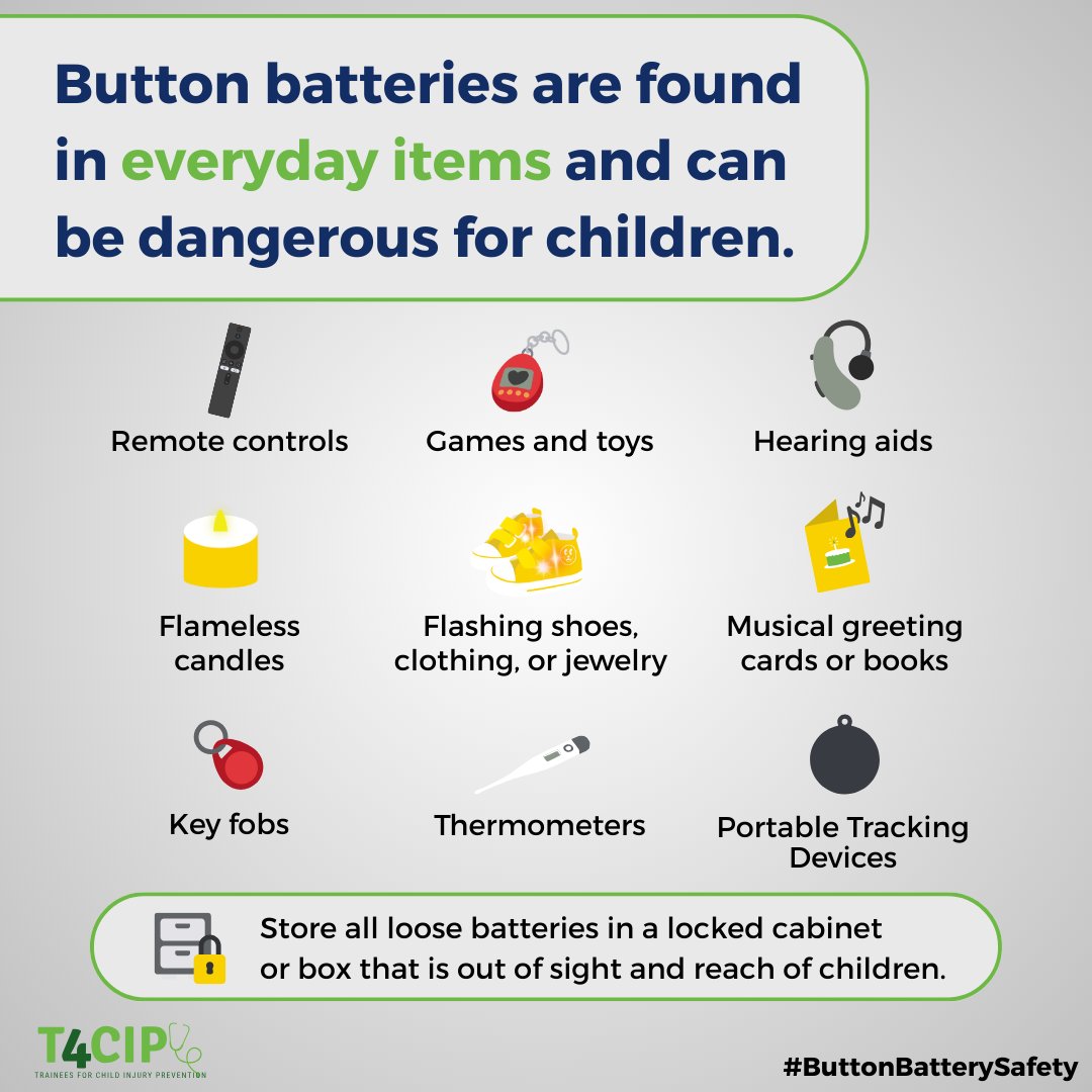 TCHDNow's tweet image. Did you know that the button batteries found in everyday toys can be dangerous for children? Some of the most common items that have button batteries include remote controls, games and toys, key fobs, thermometers, flashing shoes, and more. #ButtonBatterySafety
