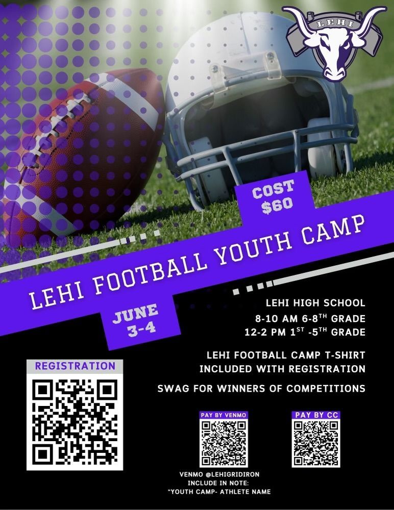 The annual Lehi Football Youth Camp is coming up June 3-4! This 2 day football skills camp is open to all grades 1st - 8th, and is led by the coaching staff and players at Lehi High School! Registration is $60. Learn more at youthcamp.lehifootball.com.