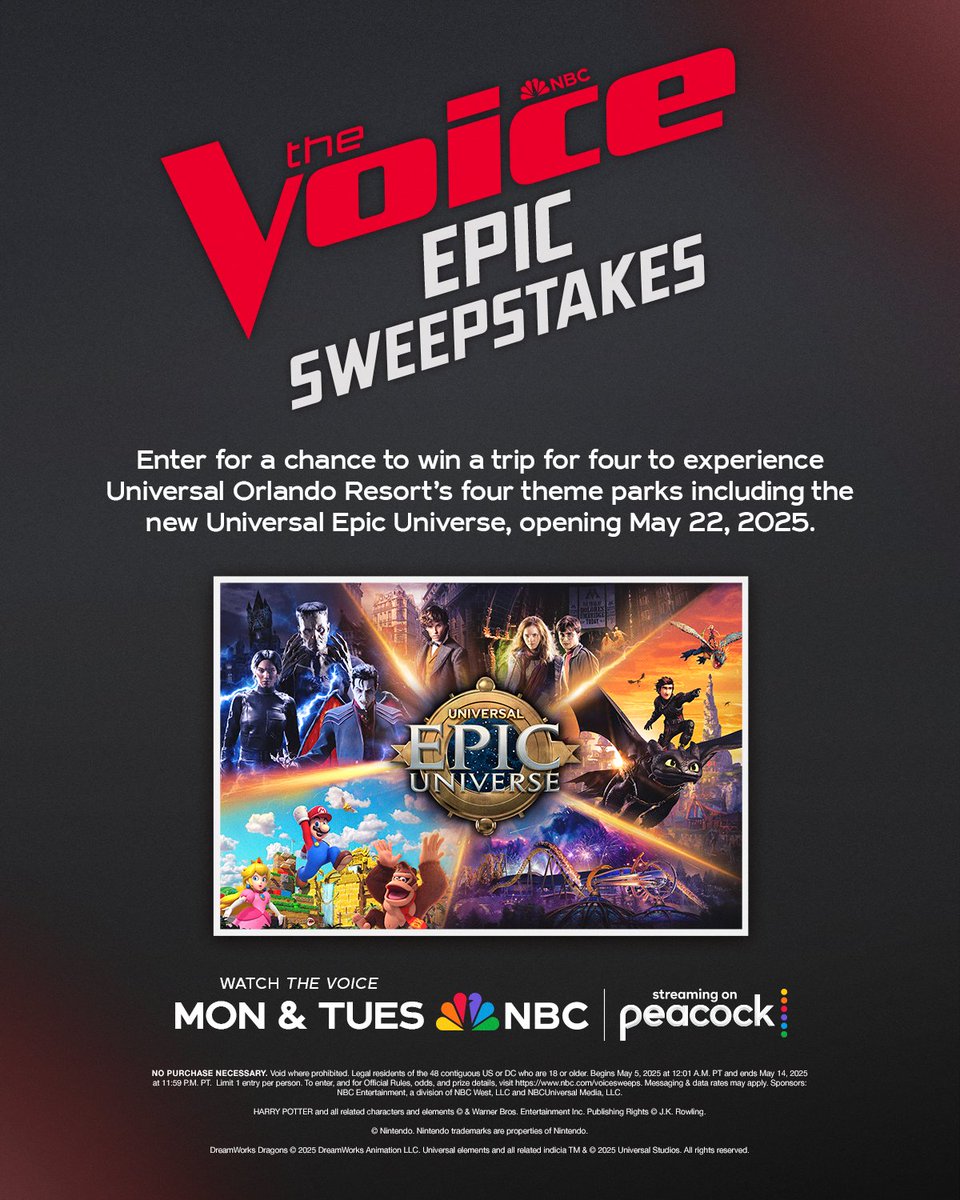 The Voice (@nbcthevoice) on Twitter photo Hey Voice Fans! Today's the last day to enter to win a trip for four to experience <a href="/UniversalORL/">Universal Orlando Resort</a>’s four theme parks, including the new Universal Epic Universe, opening May 22, 2025. Enter for a chance to win between May 5-14, 2025, at NBC.com/VoiceSweeps. One entry per Hey Voice Fans! Today's the last day to enter to win a trip for four to experience <a href="/UniversalORL/">Universal Orlando Resort</a>’s four theme parks, including the new Universal Epic Universe, opening May 22, 2025. Enter for a chance to win between May 5-14, 2025, at NBC.com/VoiceSweeps. One entry per