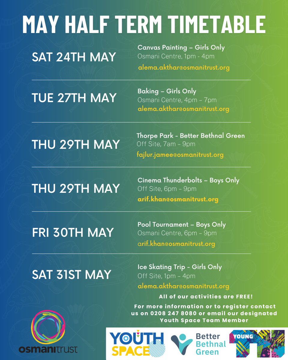 May Half-Term, we've got a full line-up of fun, free activities!

Get in touch - don't miss out!

#HalfTerm #YouthActivities #GetInvolved #MayHalfTerm