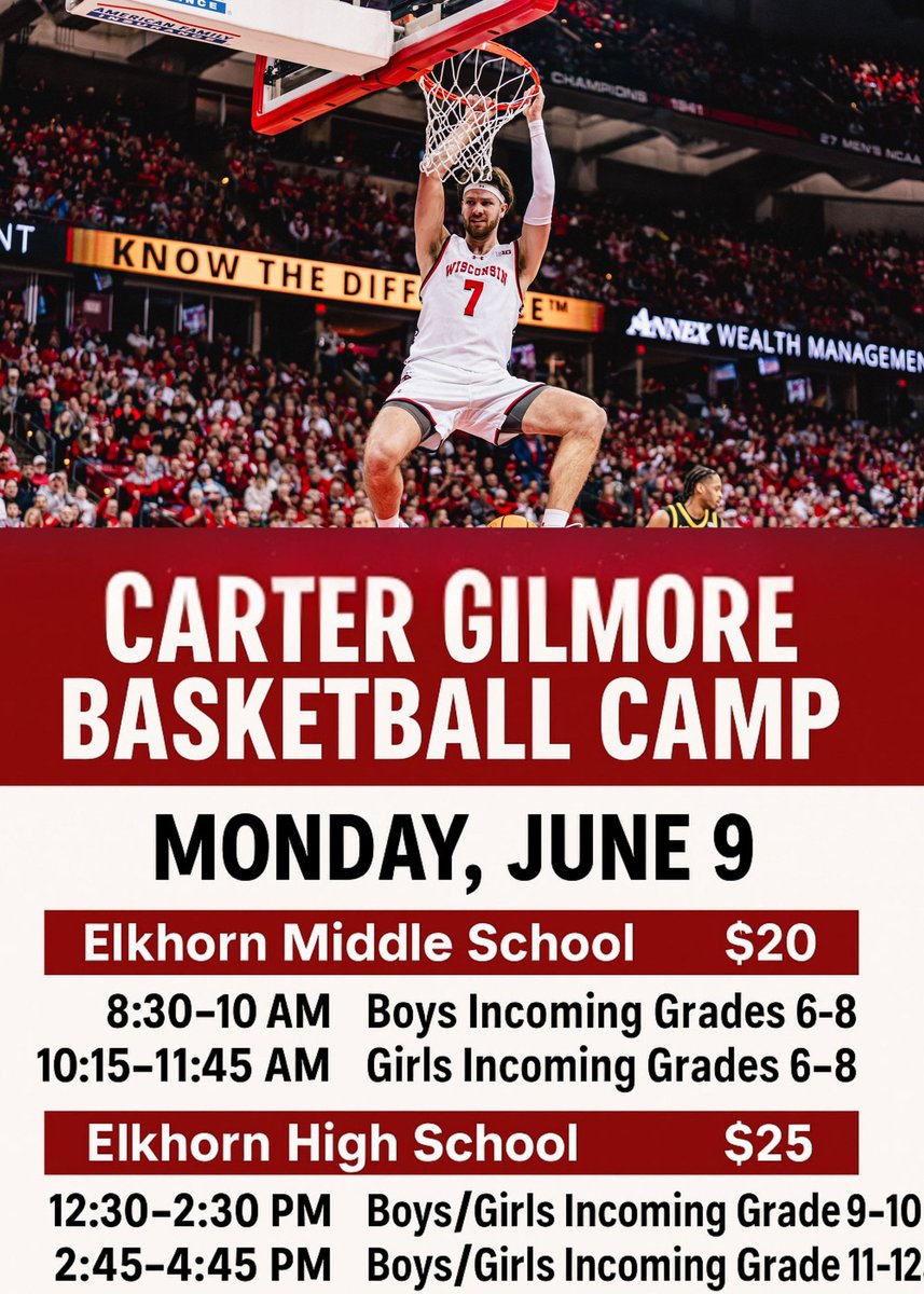 EAHS Girls Hoops (@eahsgirlshoops) on Twitter photo Wisconsin Badger alumni Carter Gilmore is hosting a canp here in Elkhorn. What a great opportunity! Sign up info is above! <a href="/EahsGirlsHoops/">EAHS Girls Hoops</a> Wisconsin Badger alumni Carter Gilmore is hosting a canp here in Elkhorn. What a great opportunity! Sign up info is above! <a href="/EahsGirlsHoops/">EAHS Girls Hoops</a>