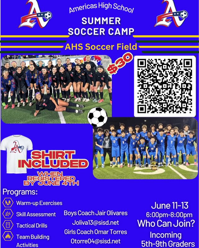 Americas High School Girls Soccer (@girls_soccerahs) on Twitter photo Blazer Soccer Summer Camp!
June 11-13! 6-8pm!❤️⚽️💙
➡️Scan the code!
#BlazerNation #1Team1Goal
<a href="/OTorres_AHS/">Omar Torres</a> <a href="/VVicencio_CMS/">Coach Veronica Perez Vicencio</a> <a href="/Americas_HS/">Nancy Torres</a> <a href="/americas_soccer/">Americas Boys Soccer</a> <a href="/coach_rye_/">Jonathan Rye</a>
<a href="/AthleticsJDS/">Drugan Dragons Athletics</a> <a href="/CMSAthletic/">CMS_Athletics</a> <a href="/WalterEClarkeMS/">Daniela Palmer</a> <a href="/JohnDrugan_PK8/">John Drugan PK-8</a> Blazer Soccer Summer Camp!
June 11-13! 6-8pm!❤️⚽️💙
➡️Scan the code!
#BlazerNation #1Team1Goal
<a href="/OTorres_AHS/">Omar Torres</a> <a href="/VVicencio_CMS/">Coach Veronica Perez Vicencio</a> <a href="/Americas_HS/">Nancy Torres</a> <a href="/americas_soccer/">Americas Boys Soccer</a> <a href="/coach_rye_/">Jonathan Rye</a>
<a href="/AthleticsJDS/">Drugan Dragons Athletics</a> <a href="/CMSAthletic/">CMS_Athletics</a> <a href="/WalterEClarkeMS/">Daniela Palmer</a> <a href="/JohnDrugan_PK8/">John Drugan PK-8</a>