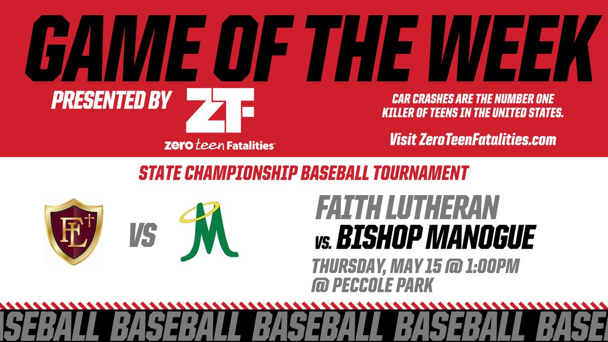 "Game of the Week" presented by Zero Teen Fatalities
<a href="/ZeroFatalsNV/">Zero Fatalities NV</a> 

State Baseball ⚾️Tournament: Faith Lutheran vs. Bishop Manogue on 5/15 @ 1:00PM @ Peccole Park
