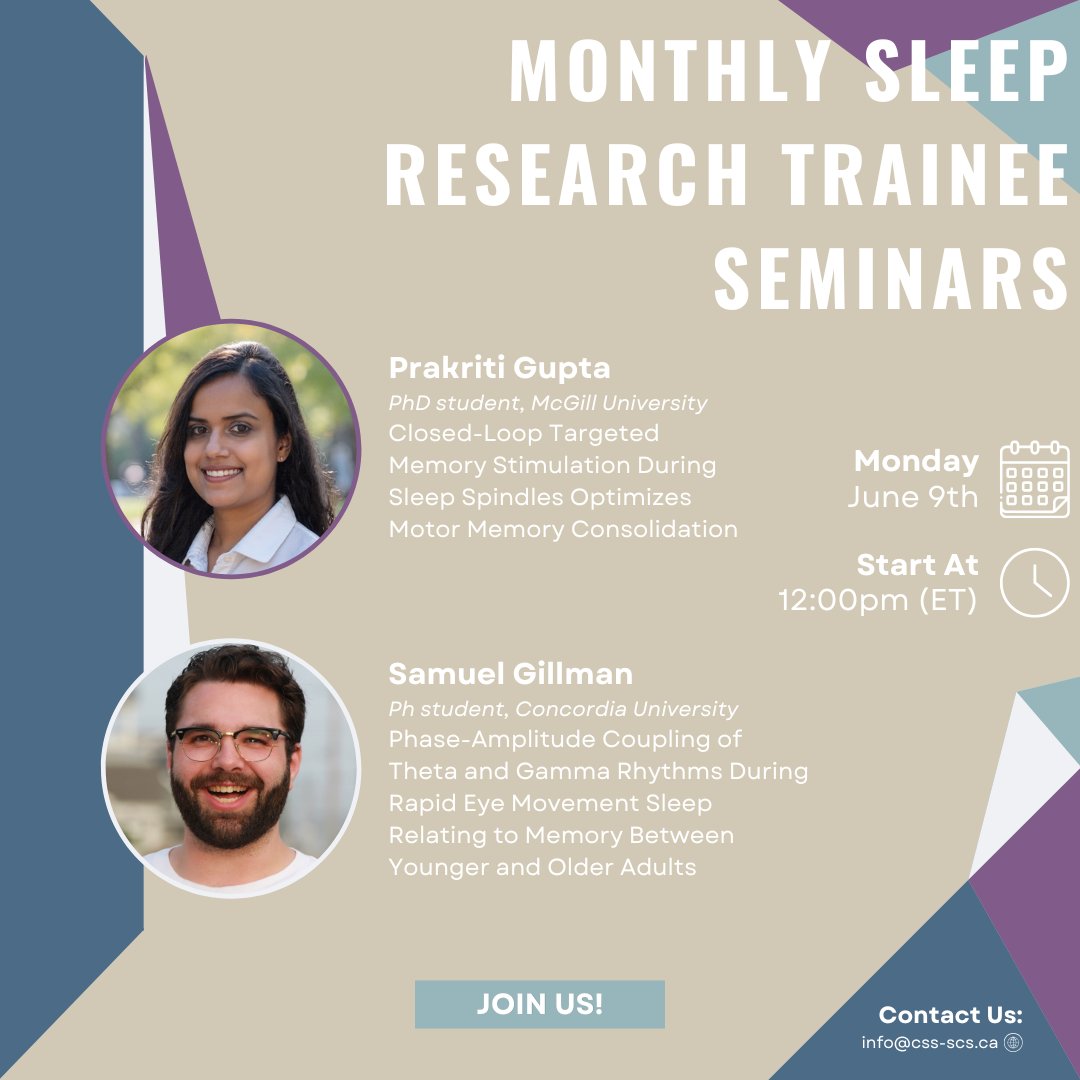 📢Discover the next Sleep Research Trainee Seminar!

Join us on June 9th at 12PM (ET; 9AM (PT)) to learn more about ongoing research projects on the subject of memory consolidation processes during sleep.

For more information, visit our website: css-scs.ca/research-train…