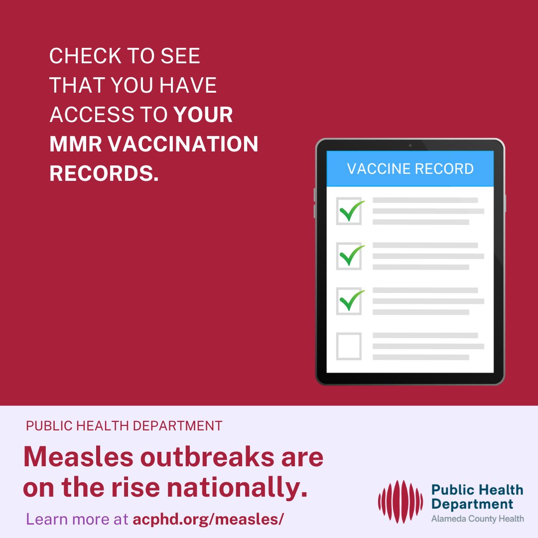 Protected against measles?
Make sure everyone in your family is up-to-date on the MMR vaccine, especially before travel abroad or to outbreak areas in the U.S. acphd.org/measles/ 

#measles #measlesvaccine #alamedcountypublichealth department #acphd