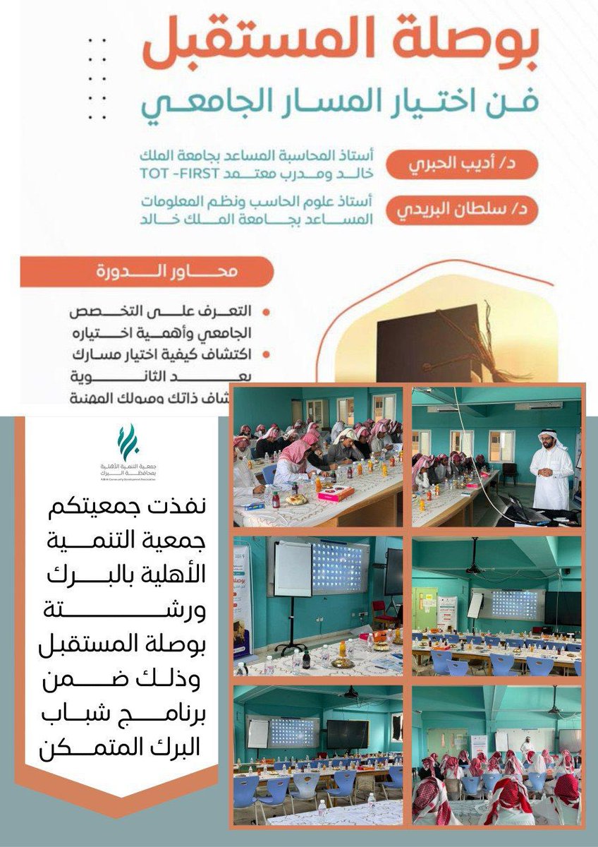 نفذت الجمعية بالشراكة مع مكتب التعليم بالبرك  يوم الثلاثاء 15 / 11 / 1446 ورشة بوصلة المستقبل فن اختيار المسار الجامعي للبنين وورشة الاطار المنهجي لاختيار التخصص الجامعي للبنات والذي يأتي ضمن برنامج شباب البرك المتمكن.