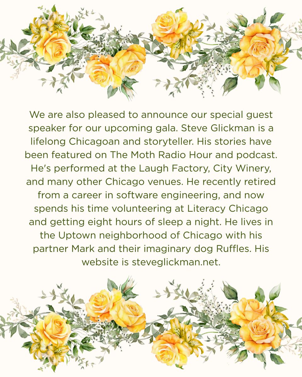 We are also pleased to announce our special guest speaker for our upcoming gala—Steve Glickman, an award-winning Chicago-based Storyteller and Literacy Chicago Volunteer.

Tickets are available at givebutter.com/c/BLOOM2025

#LiteracyChicago #LiteracyInBloom #LiteracyInBloom2025