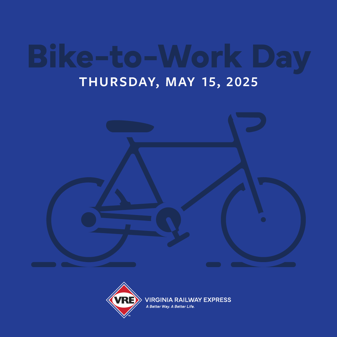 🚲 Bike-to-Work Day is TOMORROW!

On May 15, ditch the car and try this:

Bike to VRE, then take VRE to work.
Smoother. Healthier. Greener.

Let’s ride smart.
#BikeToWorkDay #BiketoVRE #RideVRE
