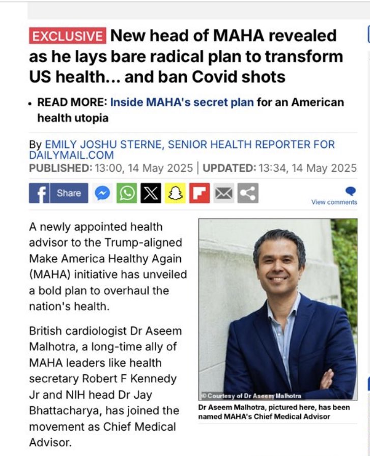 现已确认,  印度裔英国心脏外科医生，新冠疫苗受害者，Dr.Aseem Malhotra ，被任命为MAHA的首席医疗顾问👍 他向小肯尼迪部长提出了改善美国健康和......禁止新冠疫苗接种的计划�...