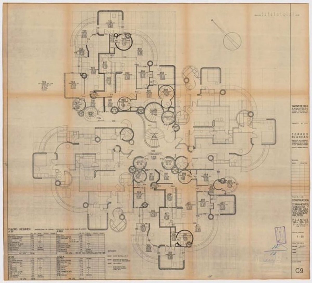 Plano original de Torres Blancas, Madrid. Francisco Javier Sáenz de Oiza, 1969.