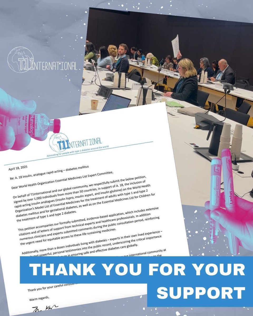 T1International (@t1international) on Twitter photo On 5 May, we delivered our petition to <a href="/WHO/">World Health Organization (WHO)</a> to add rapid-acting insulin analogues to the Essential Medicines List. Thanks to our community for 9 months of advocacy, support & courage. Change is made in numbers—we’ll keep fighting for #insulin4all. On 5 May, we delivered our petition to <a href="/WHO/">World Health Organization (WHO)</a> to add rapid-acting insulin analogues to the Essential Medicines List. Thanks to our community for 9 months of advocacy, support & courage. Change is made in numbers—we’ll keep fighting for #insulin4all.