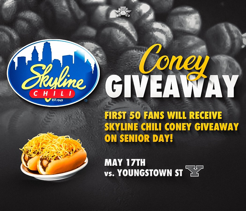 NKU Baseball ⚾️ (@nkunorsebsb) on Twitter photo We'll be feeling good on Saturday, because it's <a href="/Skyline_Chili/">Skyline Chili</a> Time at Friendship Field!
First 5️⃣0️⃣ fans will receive a coney to kick off Senior Day! We'll be feeling good on Saturday, because it's <a href="/Skyline_Chili/">Skyline Chili</a> Time at Friendship Field!
First 5️⃣0️⃣ fans will receive a coney to kick off Senior Day!