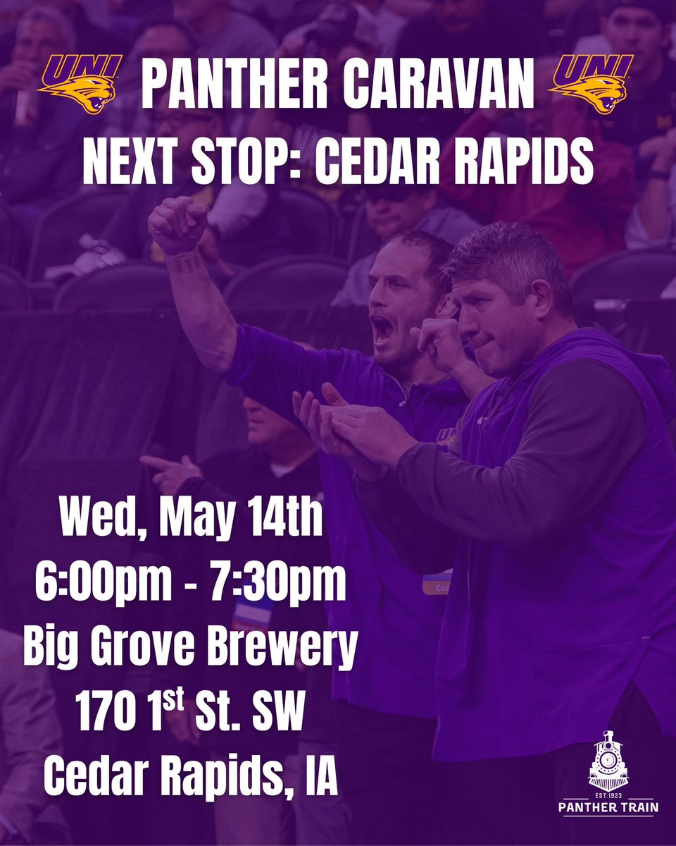 The caravan is on the move! 🚐💨

Cedar Rapids you’re up!! We hope to see a packed house full of purple at Big Grove Brewery tonight!

Stop by to this FREE event and hear from
UNI coaches as well as UNI AD Megan Franklin! 

#PantherTrain l #EverLoyal