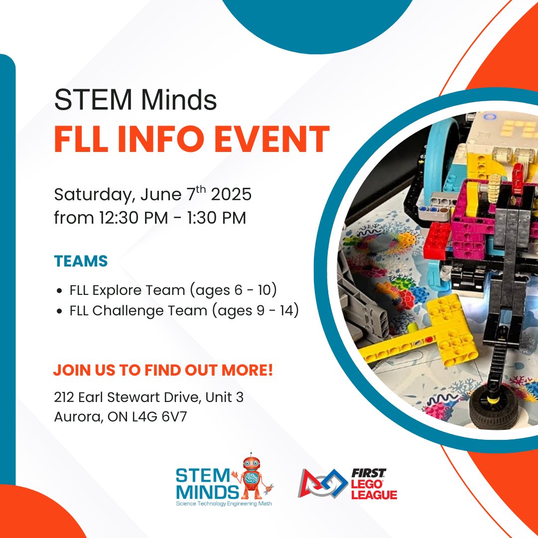 Interested in joining one of our FIRST LEGO League (FLL) teams next year? Join us at our info event on Saturday June 7 from 12:30-1:30 pm at STEM Minds. This year's theme is New Age &amp; we're so excited to get started!
#stemminds #fll #FIRSTRoboticsCanada #Robotics #competition
