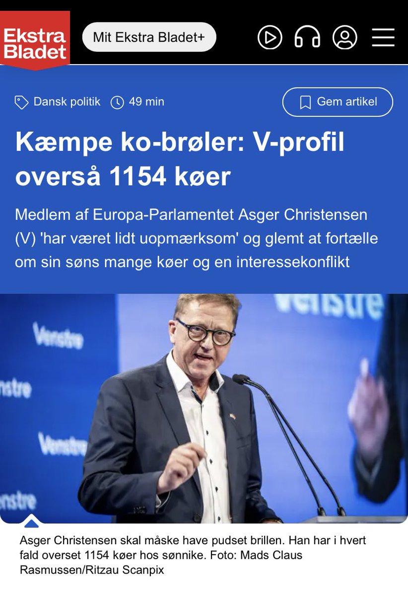 Asger Christensen, medlem af EU-parlamentet for Venstre, var ‘lidt uopmærksom’ og glemte at fortælle om den potentielle interessekonflikt gemt bag sønnens 1154 køer i Kolding.

ekstrabladet.dk/nyheder/politi…